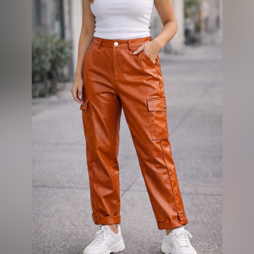 FOREVER 21 Faux Leather Women’s Cargo Pants, Brick Brown Button Hem -SIZE S-